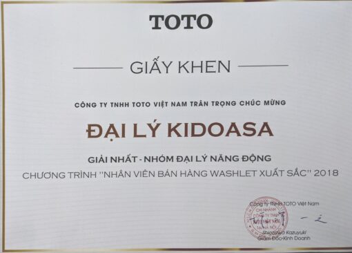 Các chứng nhận và giải thưởng KIDOHOMES đặt được khi là đại lý phân phối chính thức của TOTO Việt Nam tại Hà Nội