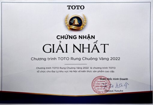 Các chứng nhận và giải thưởng KIDOHOMES đặt được khi là đại lý phân phối chính thức của TOTO Việt Nam tại Hà Nội