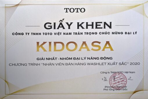 Các chứng nhận và giải thưởng KIDOHOMES đặt được khi là đại lý phân phối chính thức của TOTO Việt Nam tại Hà Nội
