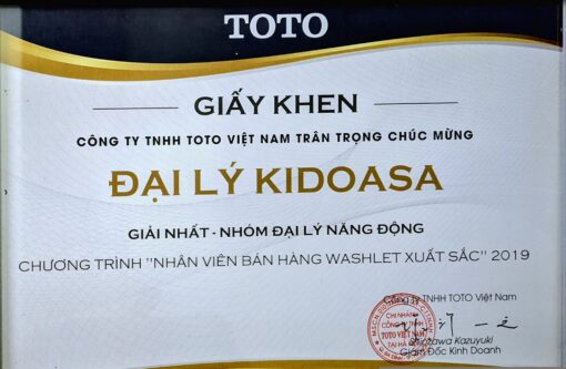 Các chứng nhận và giải thưởng KIDOHOMES đặt được khi là đại lý phân phối chính thức của TOTO Việt Nam tại Hà Nội
