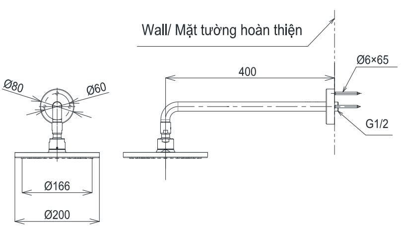 Bản vẽ kĩ thuật của Bát sen gắn tường TOTO TBW07001A Tròn 