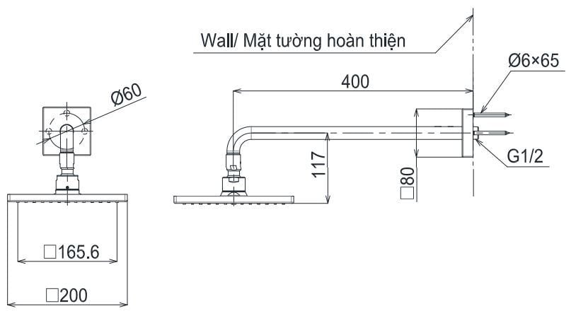 Bản vẽ kĩ thuật của Bát sen gắn tường TOTO TBW08001A Vuông