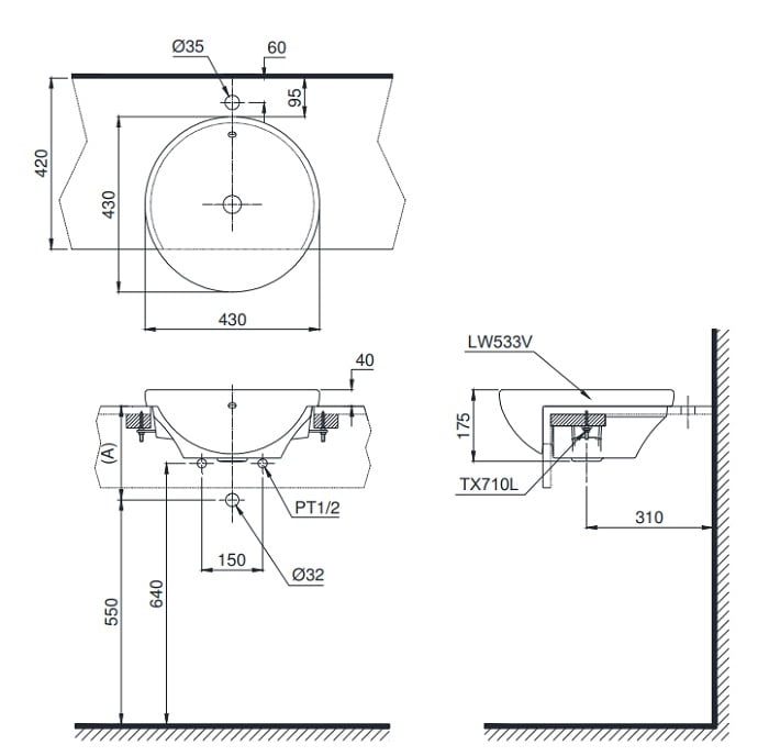 Bản vẽ kĩ thuật của Chậu Lavabo TOTO LT533R#XW bán âm bàn 