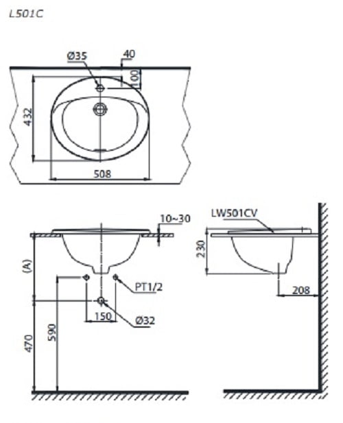 Bản vẽ kĩ thuật của Chậu rửa mặt Lavabo TOTO L501C#XW dương vành