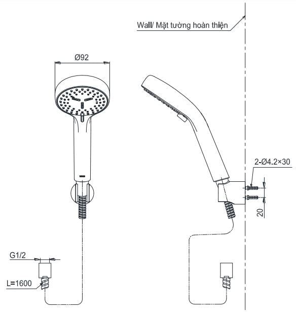 Bản vẽ kĩ thuật của Tay Sen TOTO TBW07012A 3 Chế Độ