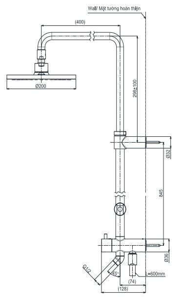 Bản vẽ kĩ thuật của Thân Sen Cây TOTO TBW07005A Bát Tròn