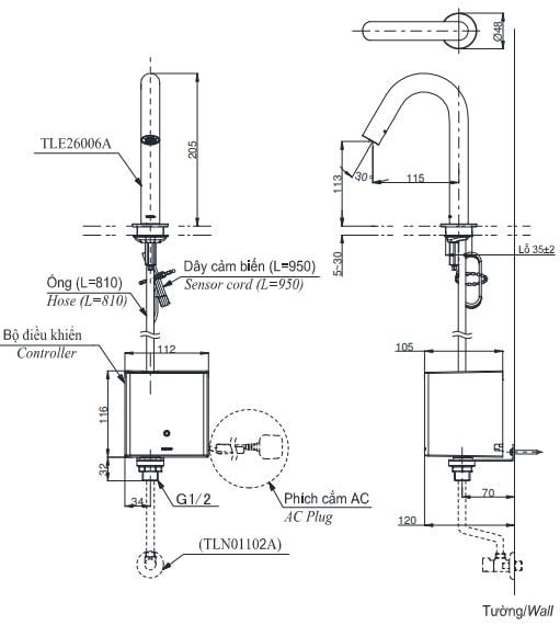 Bản vẽ kĩ thuật của Vòi Lavabo Cảm Ứng TOTO TLE26006A Tự Động