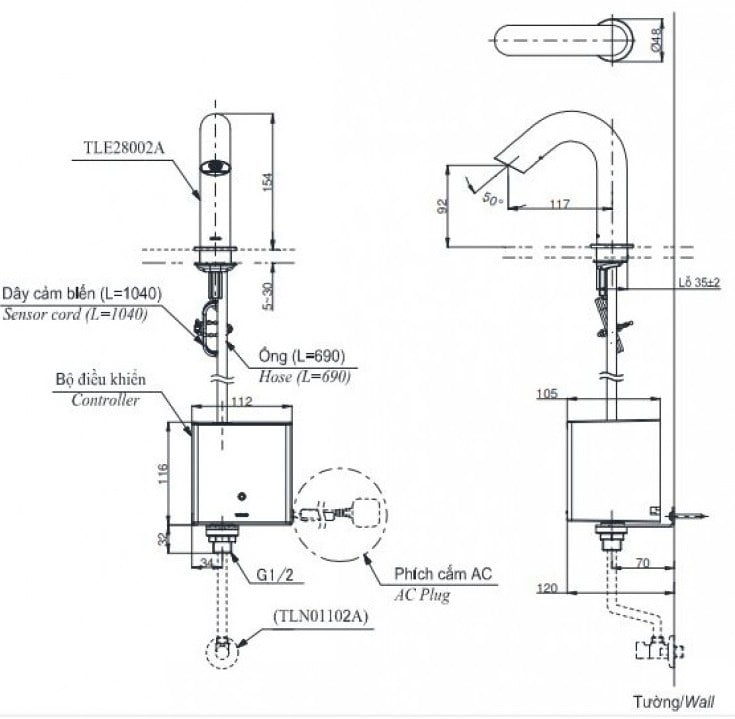 Bản vẽ kĩ thuật của Vòi Lavabo Cảm Ứng TOTO TLE28002A/TLE01502A1/TLN01102A