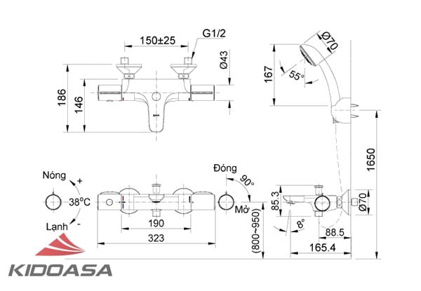 Bản vẽ kỹ thuật bộ sen tắm nhiệt độ Inax BFV-3413T-3C