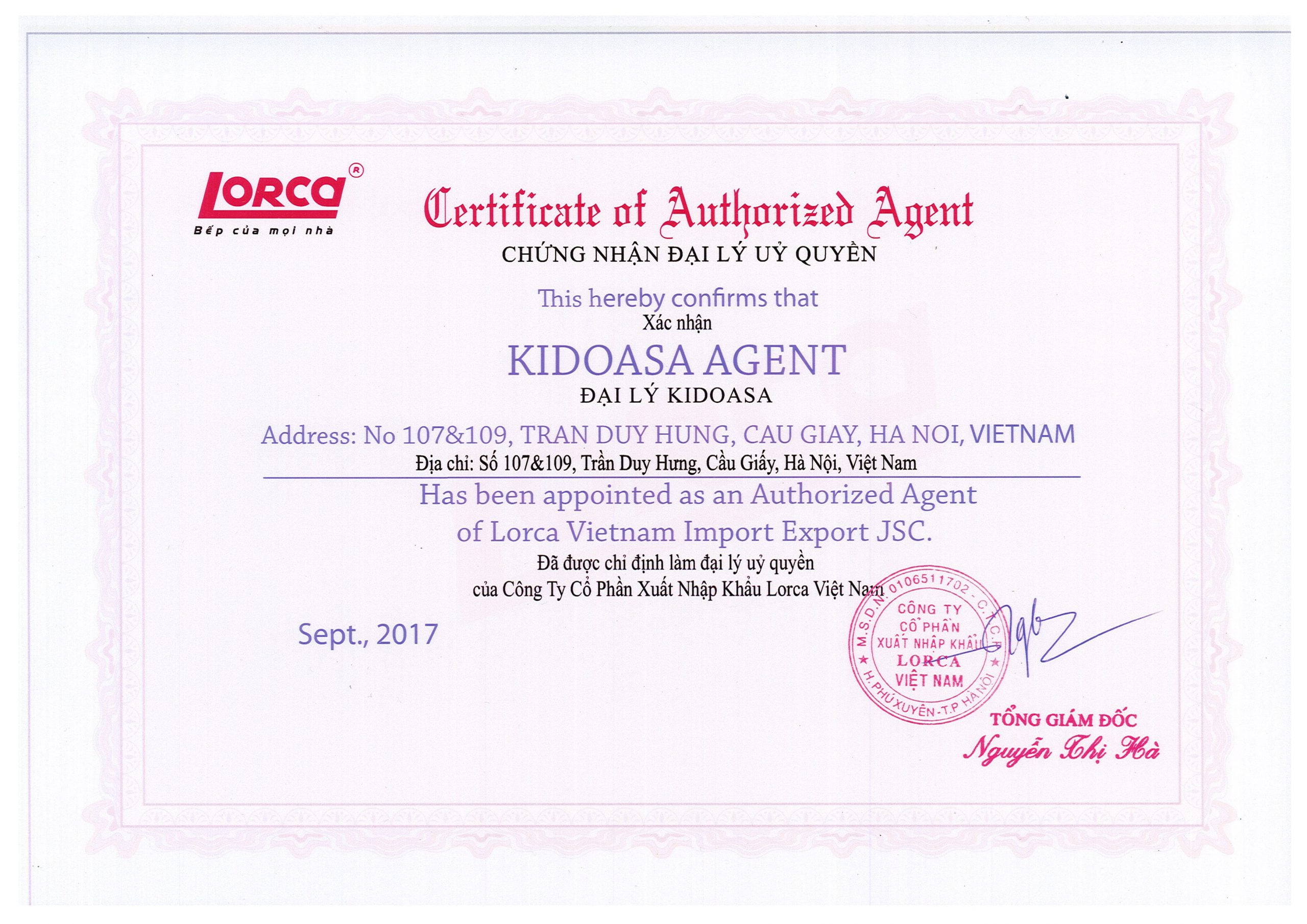 chứng nhận đại lý ủy quyền lorca