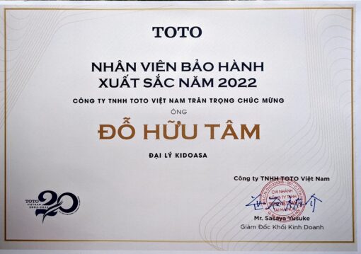 Các chứng nhận và giải thưởng KIDOHOMES đặt được khi là đại lý phân phối chính thức của TOTO Việt Nam tại Hà Nội