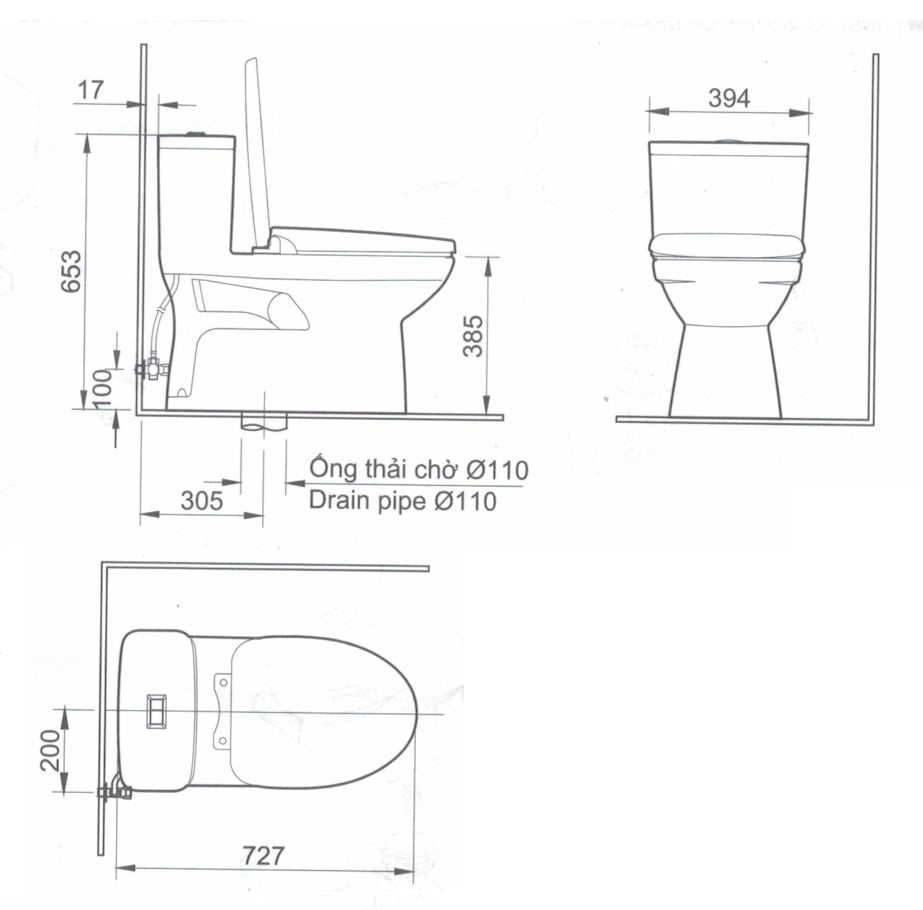 Bản vẽ kĩ thuật của Bồn cầu 1 khối INAX AC-969VN-2