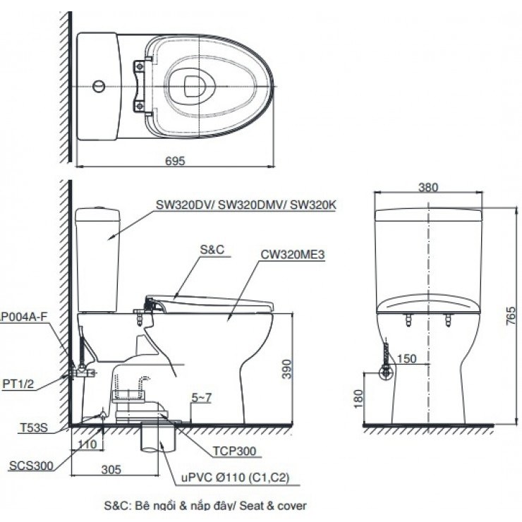 Bồn cầu TOTO CS320DRT10#W 2 khối nắp đóng êm TC395VS - Ảnh 2