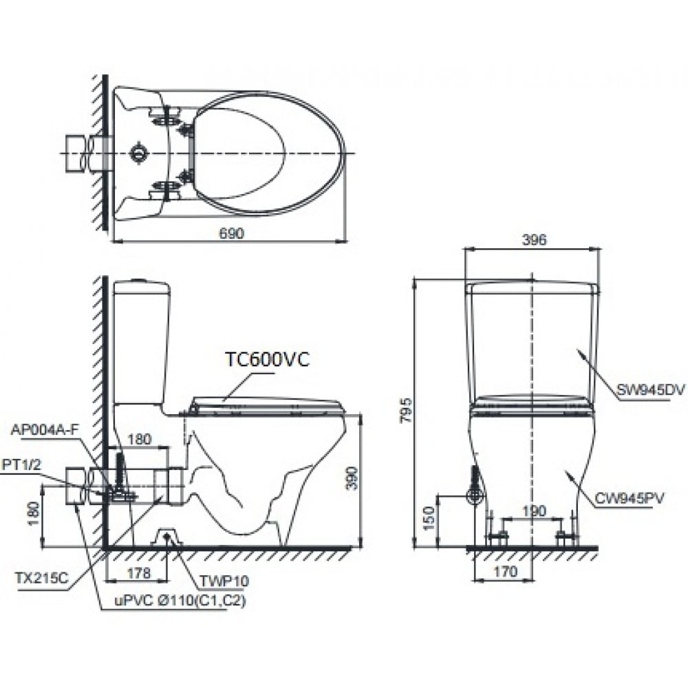 Bản vẽ kỹ thuật sản phẩm TOTO CS945PDT8