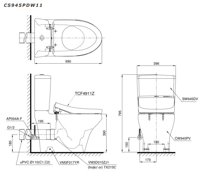 Bản vẽ kĩ thuật của Bồn Cầu 2 Khối Nắp Rửa Điện Tử TOTO CS945PDW11#W