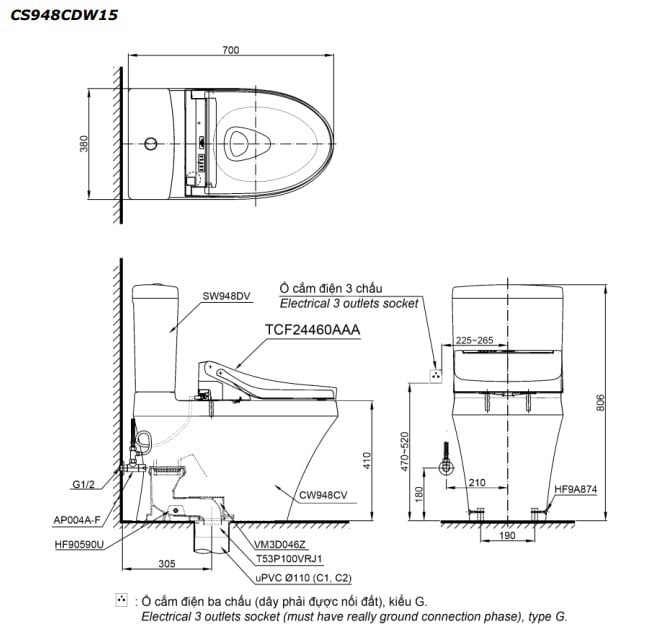 Bản vẽ kĩ thuật của Bồn Cầu 2 Khối Nắp Rửa Điện Tử TOTO CS948CDW15#XW