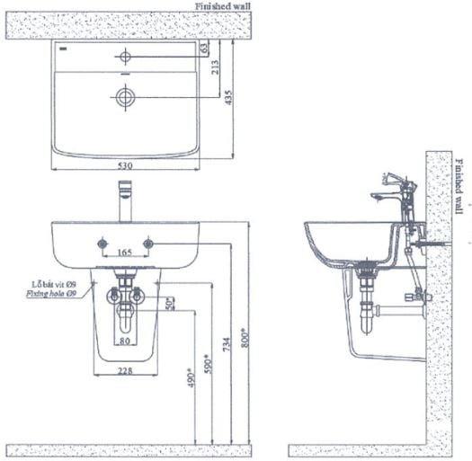Bản vẽ kĩ thuật của Bộ chậu rửa mặt INAX AL-312V