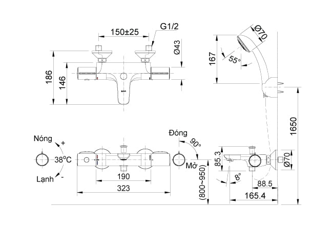 Bản vẽ kĩ thuật của Bộ sen tắm INAX BFV-3413T-8C