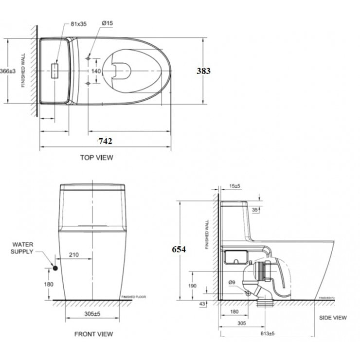 Bản vẽ kĩ thuật của bàn cầu 1 khối American Standard VF-1808R1