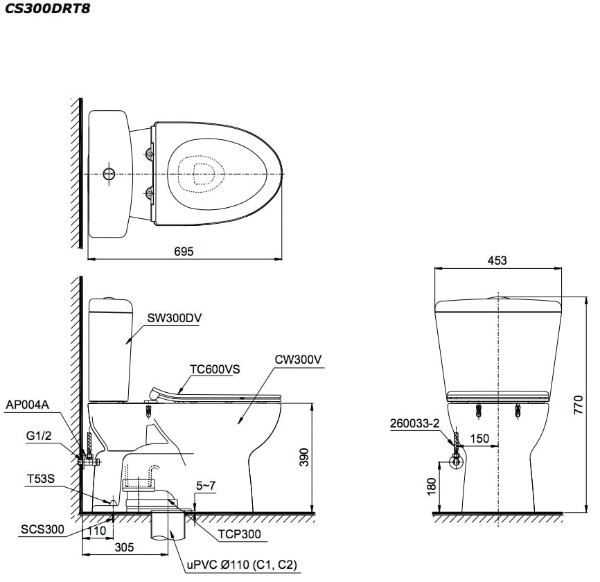 Bản vẽ kĩ thuật Bồn cầu TOTO CS300DRT8