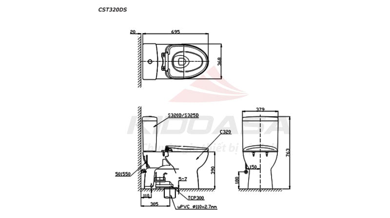 Bản vẽ kĩ thuật của bàn cầu CS320DRE2 nắp rửa Eco-washer