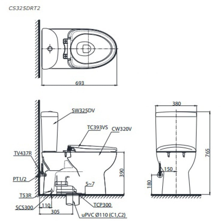 Bản vẽ kỹ thuật của bồn cầu 2 khối TOTO CS325DRT2