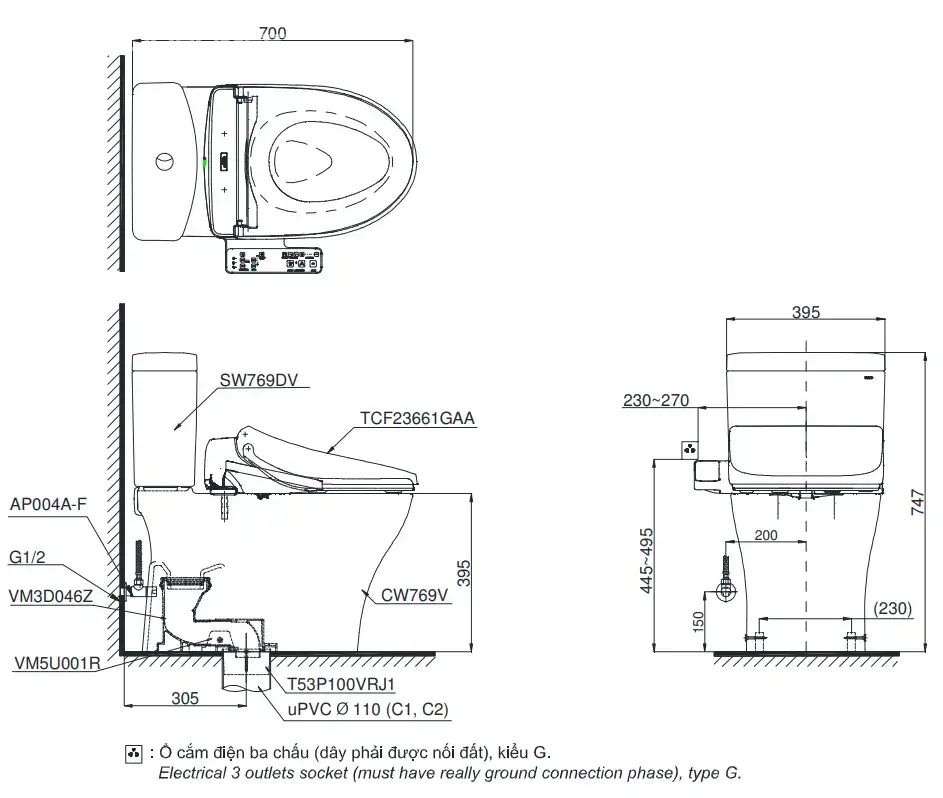 Bản vẽ kỹ thuật bồn cầu TOTO CS326DW26#XW