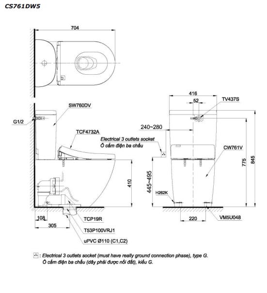 Bản vẽ kỹ thuật của Bồn cầu TOTO CS761DW5