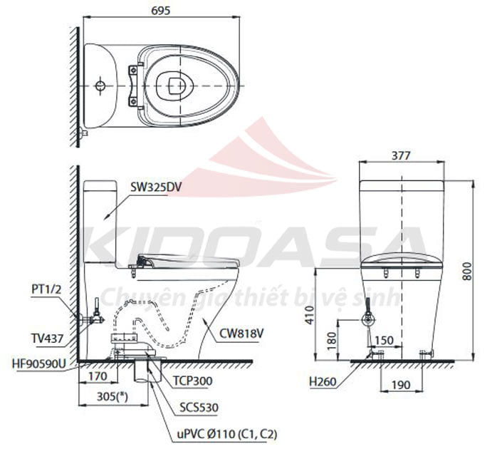 Bản vẽ kĩ thuật của Bồn cầu TOTO CS818DE2