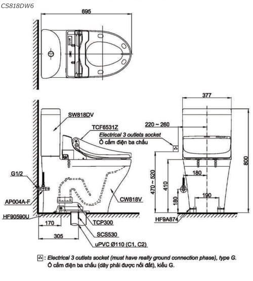 Bản vẽ kĩ thuật của Bồn cầu TOTO CS818DW6