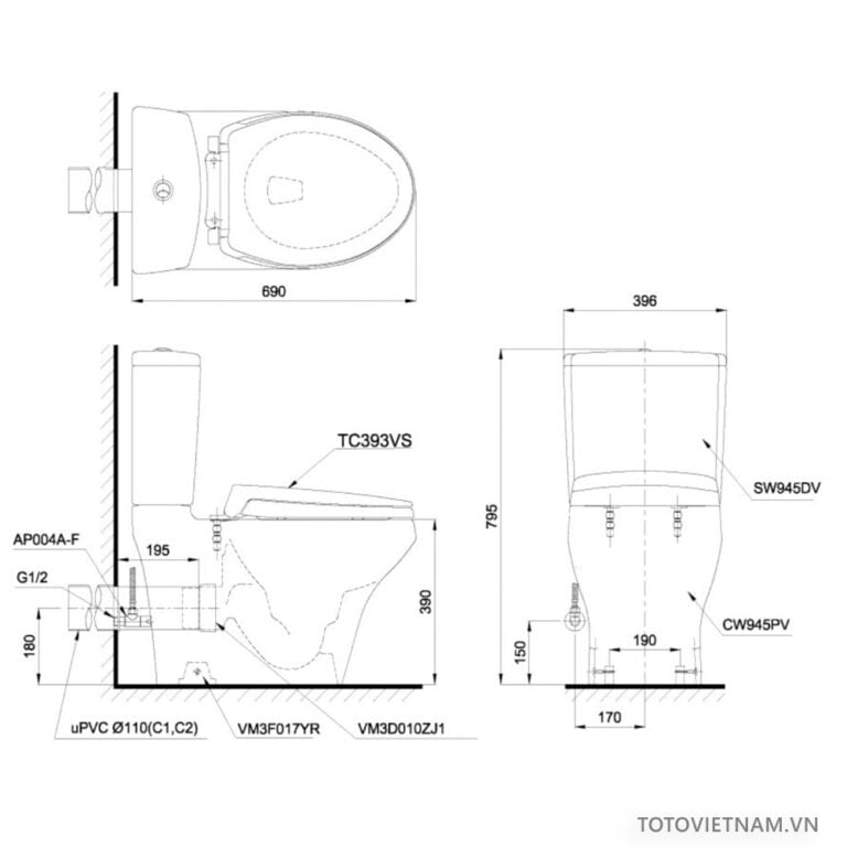 Bppmf cầi 2 khối thoát ngang TOTO CS945PDW6#W 2 Bản vẽ kỹ thuật bồn cầu CS945PDW6#W