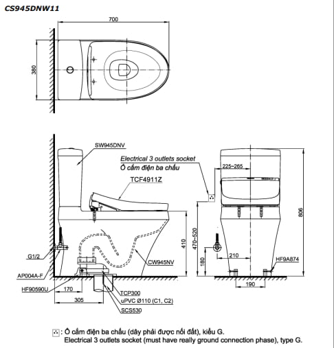 Bản vẽ kĩ thuật của Bồn cầu TOTO CS945DNW11