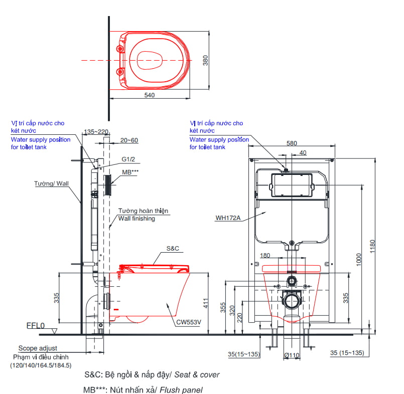 Bản vẽ kĩ thuật Bồn cầu TOTO CW553/TC384CVK/WH172A