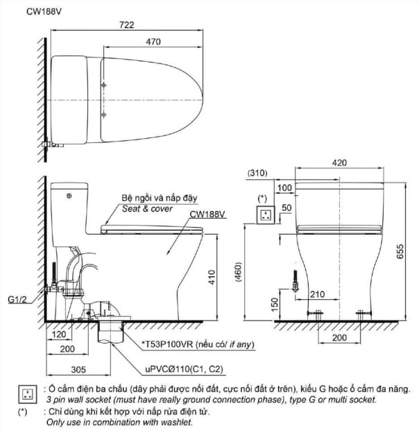 Bản vẽ kĩ thuật của Bồn cầu TOTO MS188VKW14