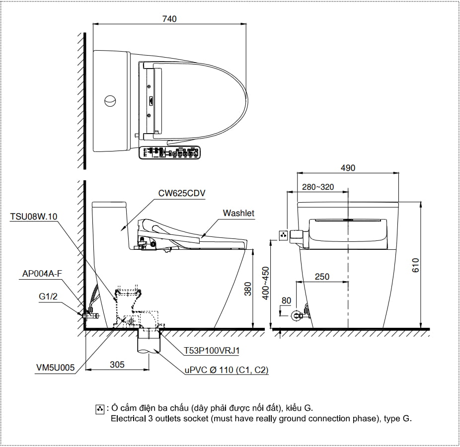 Bản vẽ kĩ thuật của Bồn cầu TOTO MS625CDW15#XW