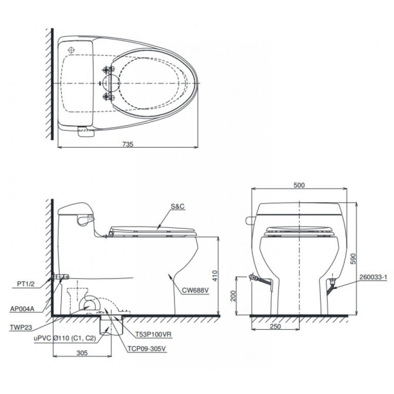 Bản vẽ kỹ thuật của bàn cầu TOTO MS688W6