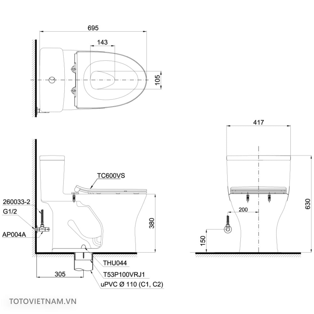 Bản vẽ kĩ thuật Bồn cầu 1 khối TOTO MS855DT8