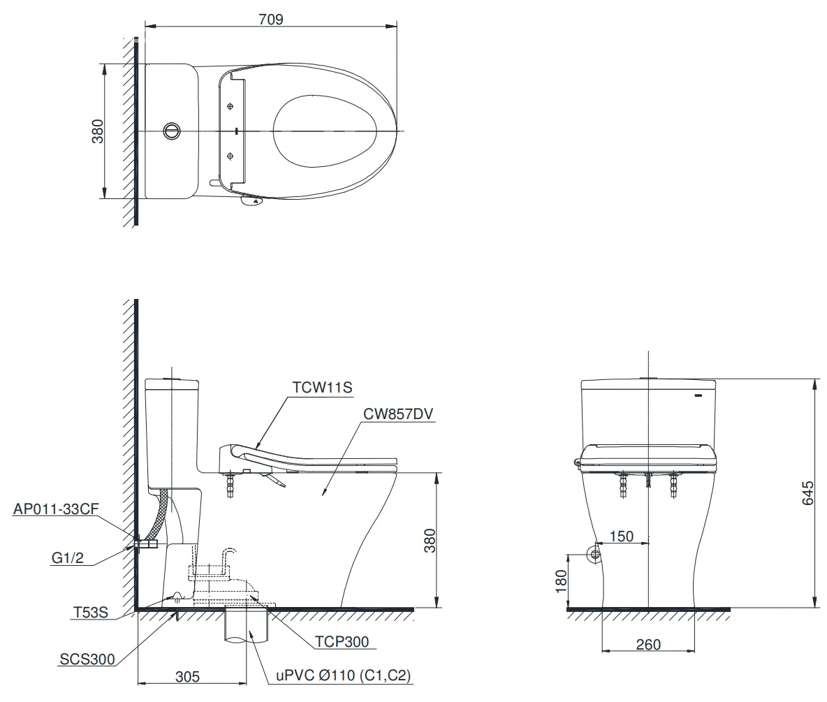 Bản vẽ kỹ thuật bồn cầu TOTO MS857DE6#XW - ảnh 2