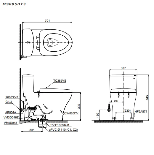 Bản vẽ kĩ thuật Bồn cầu 1 khối TOTO MS885DT3