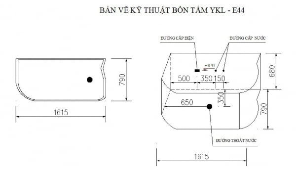 Bản vẽ kĩ thuật bồn tắm massage màu Govern YKL-E44