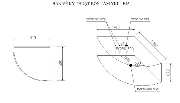 Bản vẽ kĩ thuật bồn tắm massage màu Govern YKL-E46