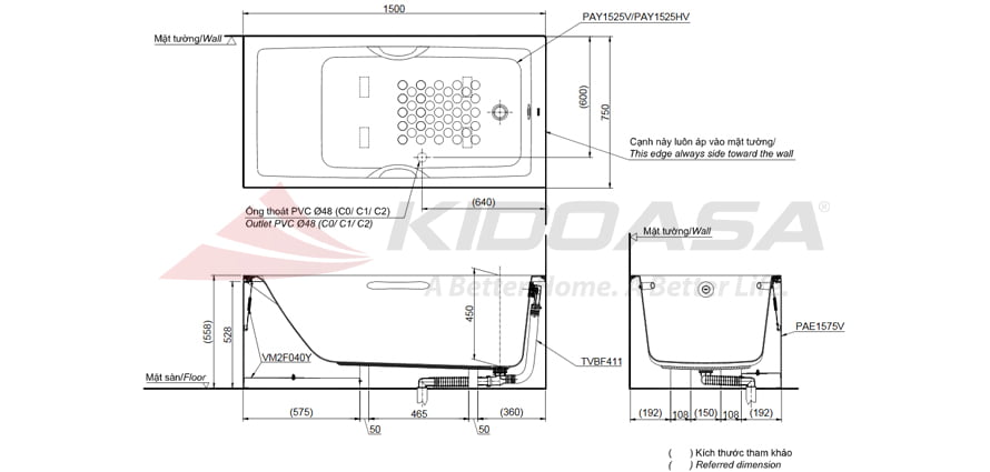Bản vẽ kĩ thuật của bồn tắm nhựa TOTO PAY1525VC#W/TVBF411