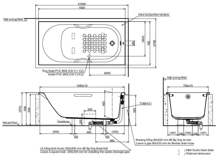Bản vẽ kĩ thuật Bồn tắm xây TOTO PAY1710HV/TBVF411
