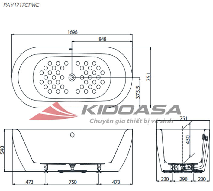 Bản vẽ kỹ thuật của bồn tắm TOTO PAY1717CPTE#W