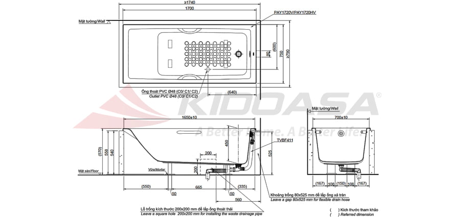 Bản vẽ kĩ thuật của Bồn tắm TOTO PAY1720V#W/TBVF411