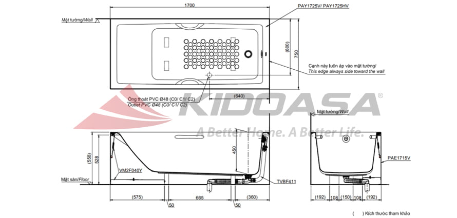 Bản vẽ kỹ thuật Bồn tắm TOTO PAY1725HVC/TBVF411