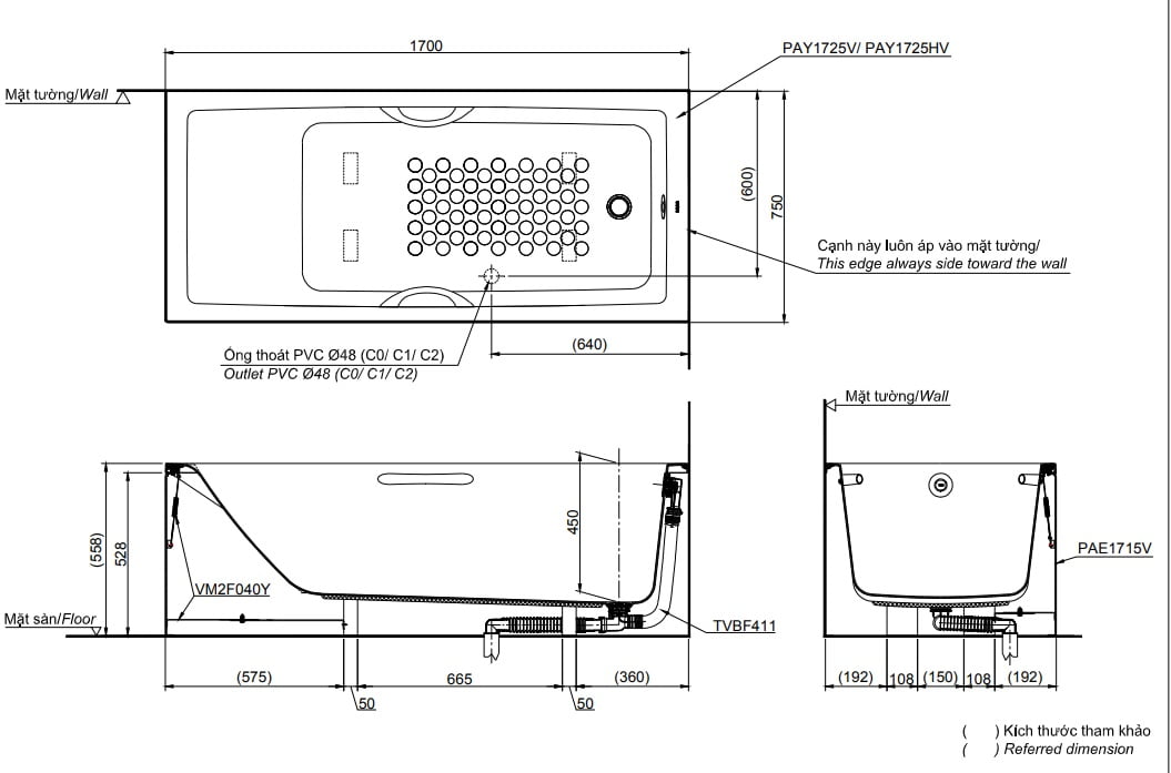 Bản vẽ kĩ thuật Bồn tắm nhựa TOTO PAY1725VC/TBVF411