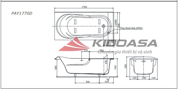 Bản vẽ kỹ thuật của bồn tắm TOTO PAY1770DH/TVBF411