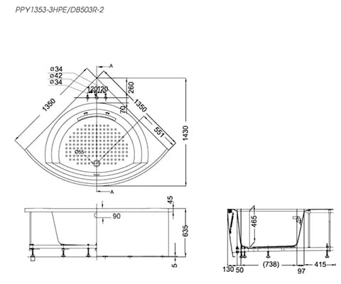 Bản vẽ kĩ thuật Bồn tắm TOTO PPY1353-3HPE#P/DB503R-2A/NTP001E