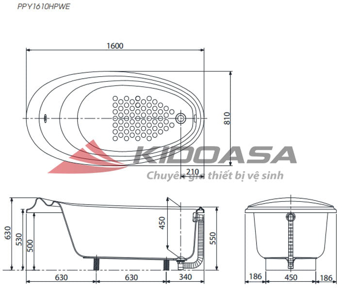 Bản vẽ kỹ thuật của bồn tắm TOTO PPY1610HPWE